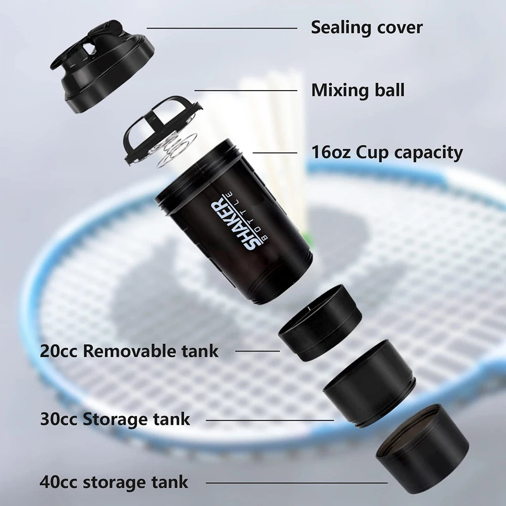 "3 sluoksnių maišyklė baltymų butelis, miltelių purtyklė, vandens butelis, plastikinis maišymo puodelis kūno rengybai, treniruotėms."