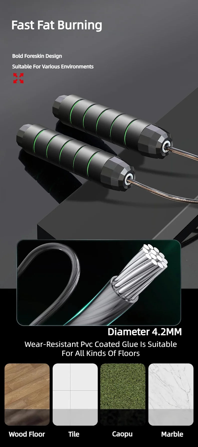 Naujas šokdynės modelis – plieniniu trosu, tinkamas mankštai, reguliuojamas, nesusipainiojantis. Puikiai tinka šuolių treniruotėms, fizinei veiklai namuose ar sporto salėje.