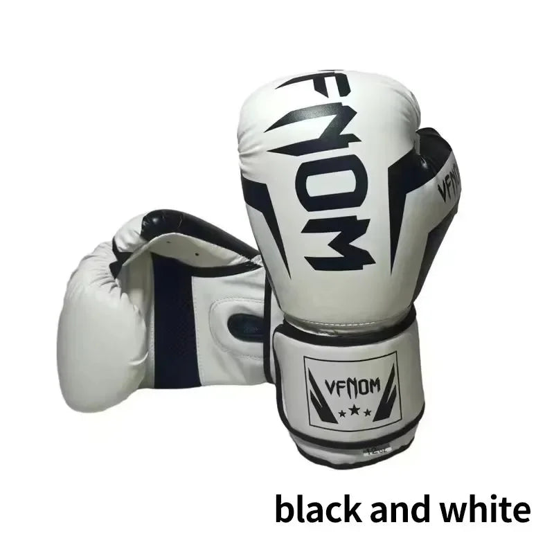 🥊 „Venom“ Kvėpuojančios PU Odos Bokso Pirštinės – 6oz, 8oz, 10oz, 12oz, 14oz, 16oz – Vaikams ir Suaugusiems, Taekwondo ir Muay Thai Treniruotėms