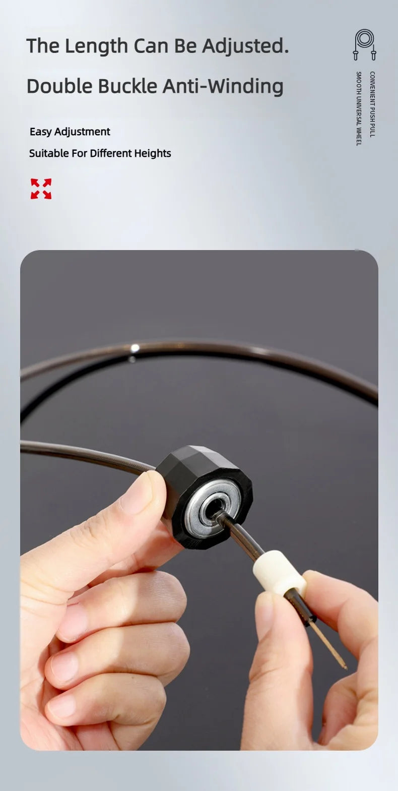 Naujas šokdynės modelis – plieniniu trosu, tinkamas mankštai, reguliuojamas, nesusipainiojantis. Puikiai tinka šuolių treniruotėms, fizinei veiklai namuose ar sporto salėje.