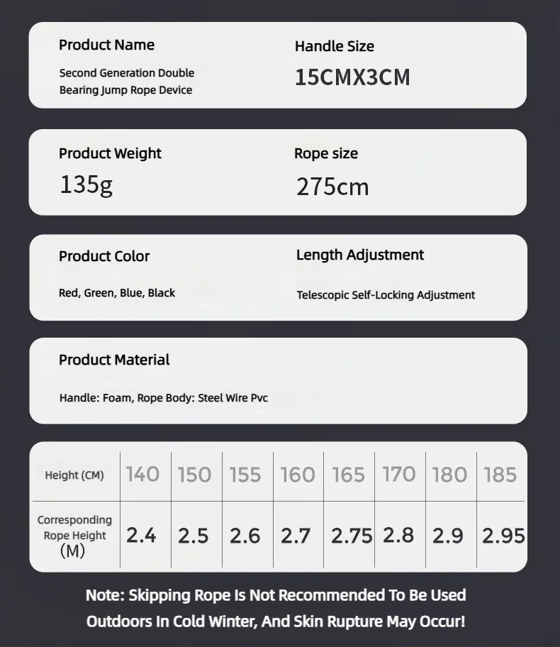 Naujas šokdynės modelis – plieniniu trosu, tinkamas mankštai, reguliuojamas, nesusipainiojantis. Puikiai tinka šuolių treniruotėms, fizinei veiklai namuose ar sporto salėje.